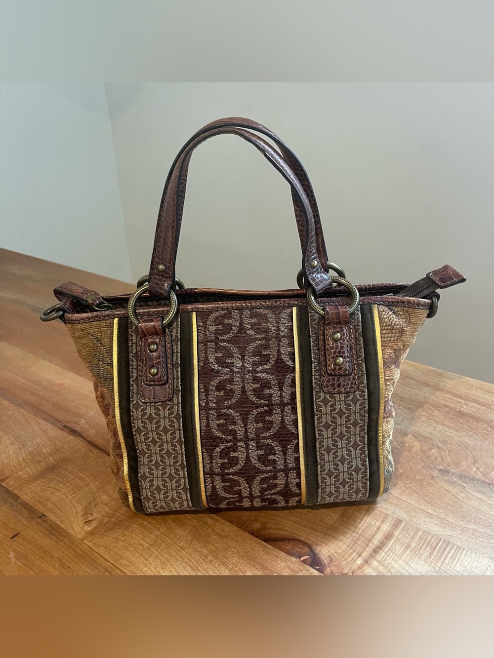 Vintage 90s Fossil Tapestry Leather Satchel Bag Purse Boho Brown Patchwork